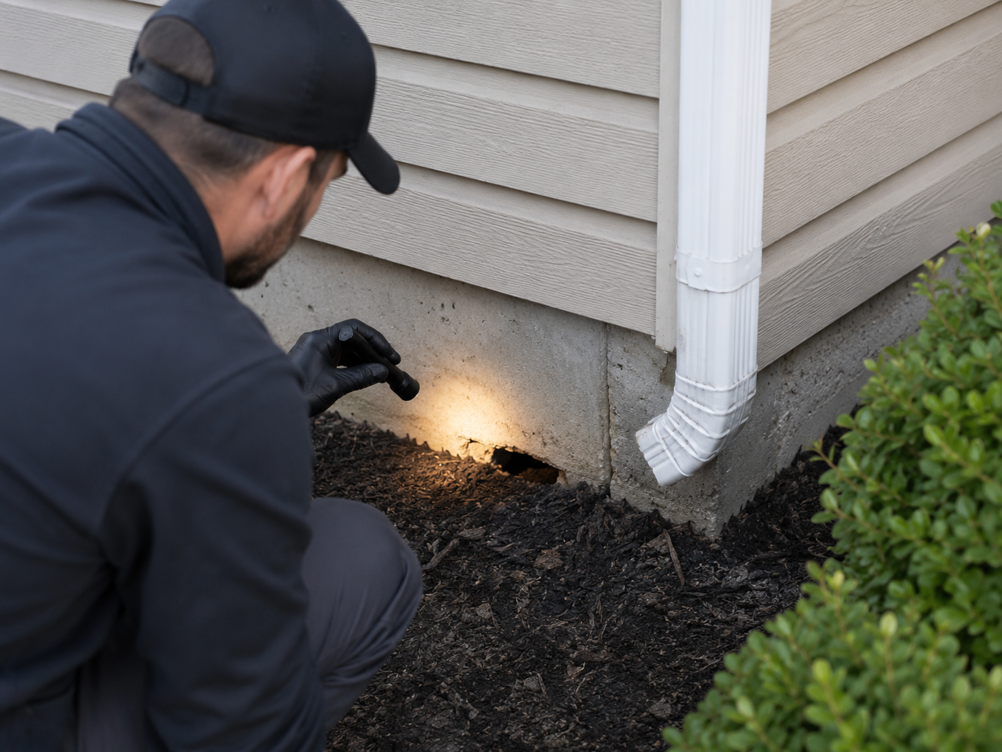 Technician inspecting an exterior opening for possible rodent access